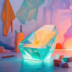 Faceted crystal chair glowing in a pastel room with geometric decor and warm lighting.