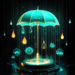 Glowing digital umbrella surrounded by floating weather icons and colorful water droplets.