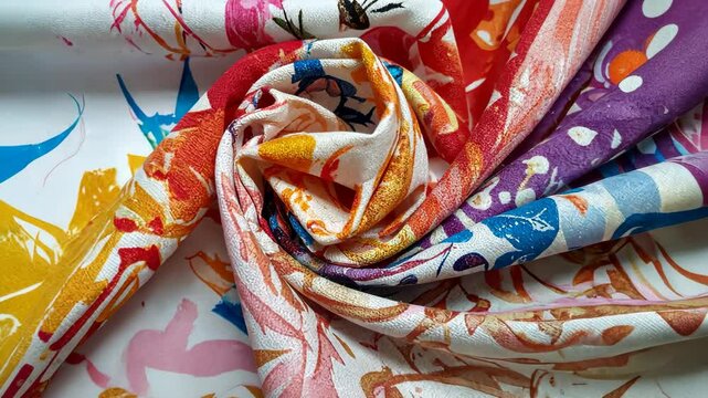 Close up of vibrant fabric, showcasing a swirling pattern of colorful brushstrokes.