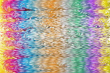 Abstract wavy pattern with bright rainbow gradient and black and white lines creates a dynamic and energetic flowing effect