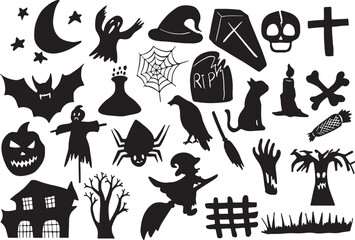 Halloween Vector Silhouettes Scary Spooky Icons Pack Black Holiday Set
