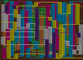 Abstract background with a layered rectangular pattern of blue, purple, yellow and green on a dark brown base that creates a sense of visual rhythm