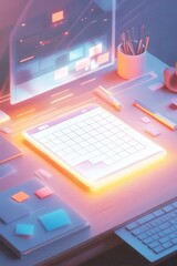Neon glowing digital planner on a pastel desk with soft lighting and floating sticky notes.