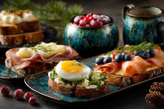 Przygotowane kanapki na chlebie tostowym z r&oacute;żnymi dodatkami: jajkiem, łososiem, wędliną, owocami, idealne na brunch lub przekąskę.