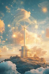 Wind turbine surrounded by digital network and cloudscape in glowing atmospheric artwork.