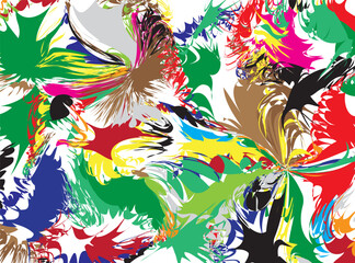 Abstract background with bright pops of colors like green, red, black and yellow in an energetic and expressive random pattern