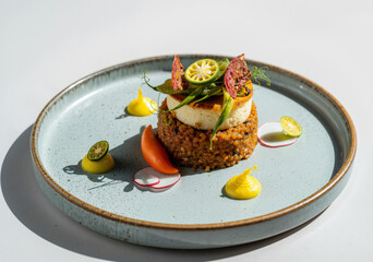artfully arranged gourmet dish featuring quinoa and vegetables with vibrant garnishes on a light blue plate for culinary enthusiasts and food photography