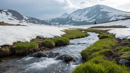 Mountain stream flowing through spring meadow with snow patches