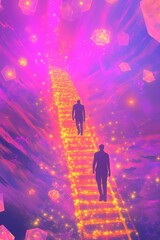 Two figures walking on glowing golden staircase through a surreal purple fantasy dimension.