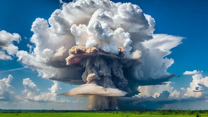 Colossal atomic mushroom cloud erupts into a bright blue sky over a peaceful landscape. A powerful visual of destructive force, historical impact, and overwhelming power.