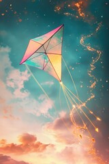 Pink and orange kite flying in glowing twilight sky surrounded by golden spark trails.