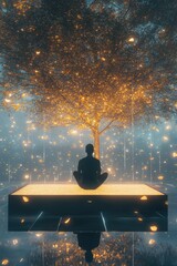 Meditating figure under a glowing golden tree surrounded by sparkles in a serene surreal space.