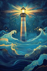 Whimsical lighthouse amid stylized waves glowing under a starry twilight sky.