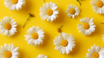 Fototapeta premium Bright yellow background adorned with white daisies creates a cheerful floral arrangement in springtime