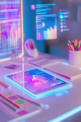Futuristic desk with glowing tablet interface, graphs, and pastel lighting in a digital workspace.