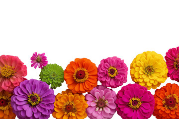 Vibrant array of colorful zinnias isolated on white background