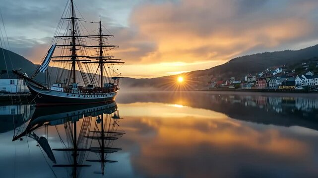 Sunrise over a harbor town with a tall ship
