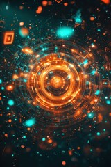 Glowing orange energy orb in a digital galaxy-style background of tech nodes and particles.