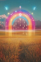 Neon rainbow portal glowing over wheat field with abstract symbols floating in sky.