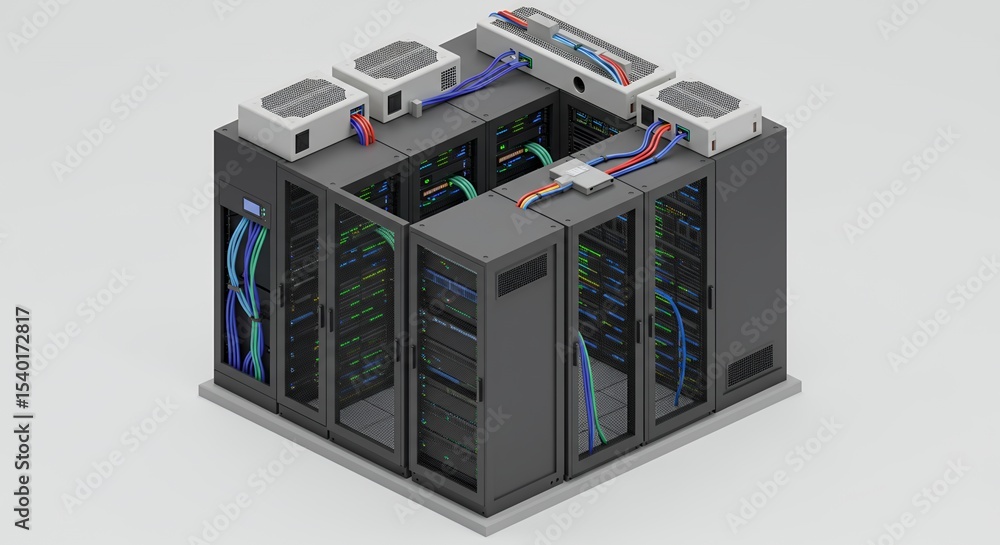 Poster isometric server room view with rows of black server racks and colorful cables in clean blocky style