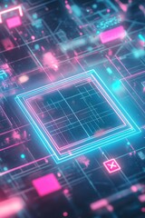 Abstract glowing circuit microchip in digital neon matrix with vibrant colors.