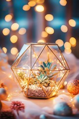 Glowing terrarium with succulents and warm fairy lights on soft fabric background.