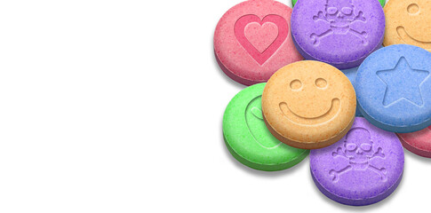 MDMA or Ecstasy pills on white background