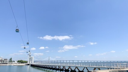 Skyward gondolas glide over tranquil waters beneath azure skies, evoking Lisbon's maritime...