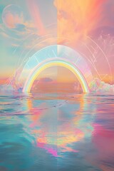 Fantasy pastel seascape with glowing rainbow portal reflecting on ocean surface.