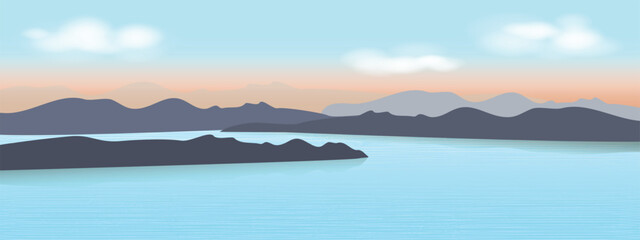 Peaceful nature landscape of lake and mountains at dusk or dawn background, aerial view of landscape illustration