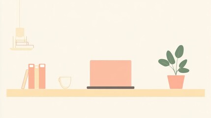 Soft pastel workspace with laptop, potted plant, and books on a minimalist desk.