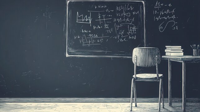 Empty chair in front of a chalkboard filled with handwritten mathematical equations.