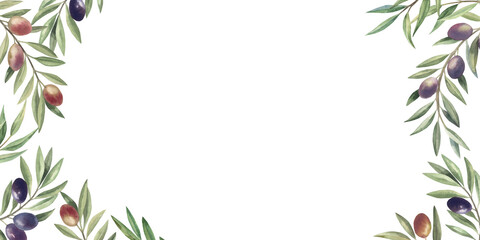 Horizontal frame with olive branches with fruits and green leaves. Hand drawn botanical watercolor illustration. Isolated on a white background. Template for greeting and invitational cards.