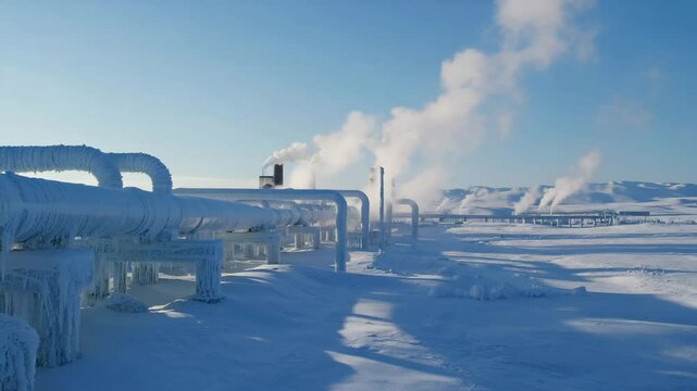 Frozen industrial pipeline system in Arctic landscape

