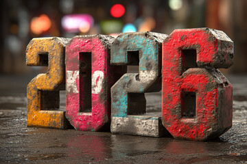 Duże, kolorowe bloki z liczbami 2026, wyglądające na stare i zużyte, leżące na mokrej, ulicznej nawierzchni.