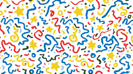 Colorful stars and streamers scatter across festive bright white background.