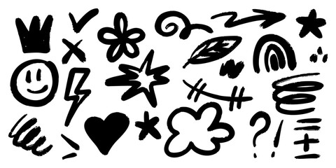 Black and White Doodle Brush Marker Elements Set. Includes a variety of expressive symbols such as smiley face, heart, crown, stars, arrow, lightning, swirl, flower, question mark, and abstract lines.
