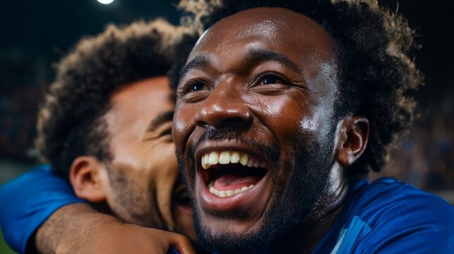 The image depicts a professional soccer player celebrating his goal on the field, surrounded by fellow players.