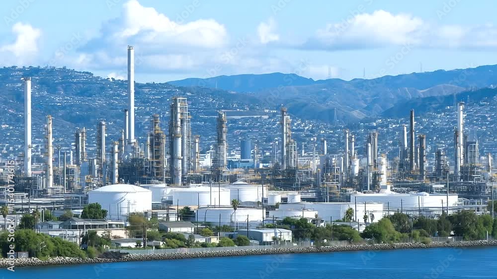 Poster wide view of complex refinery plant with high towers and vast pipelines extending in all directions,