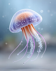 Large purple and orange jellyfish is floating in the water. The jellyfish is surrounded by a blurry background, giving the impression of it being in motion. Concept of freedom and fluidity