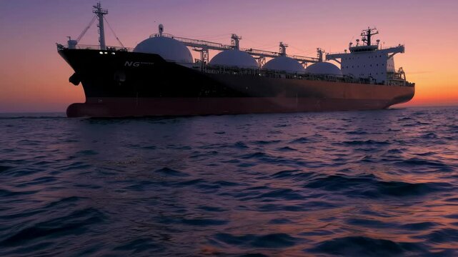 A big LNG tanker ship travelling over the calm ocean during sunset