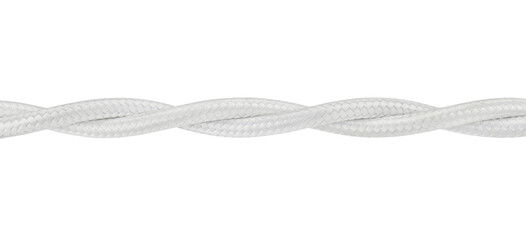 Close-up white twisted retro electric wire cable isolated on a transparent background. Full depth of field. PNG.