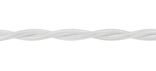 Close-up white twisted retro electric wire cable isolated on a transparent background. Full depth of field. PNG.