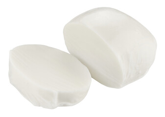 Round piece of mozzarella cheese head isolated on a transparent background. Full depth of field. PNG.
