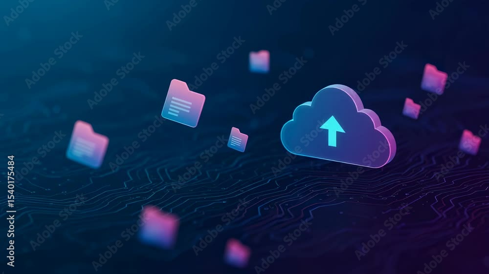 Poster cloud upload icon with data file on digital surface. concept of online storage, secure backup, and n