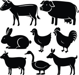 Collection of silhouettes of animals hyenas, bea,r lion rabbi,t giraffe, he,n duck, goat