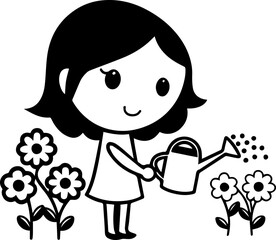
Cartoon little girl watering flowers in a garden, SVG with clean lines.Cute Girl Watering Flowers with Joyful Expression and Care