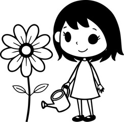 
Cartoon little girl watering flowers in a garden, SVG with clean lines.Cute Cartoon Girl Watering Flower in Black and White Style
