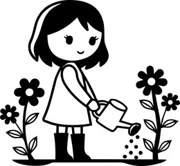 
Cartoon little girl watering flowers in a garden, SVG with clean lines.Girl Watering Flowers in Black and White Illustration