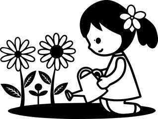 
Cartoon little girl watering flowers in a garden, SVG with clean lines.Girl Watering Flowers in Simple Black and White Illustration